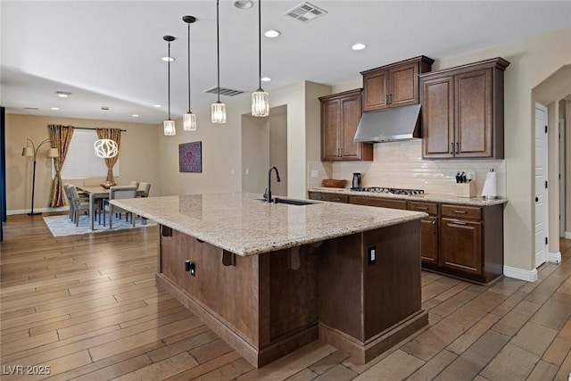 kitchen featuring under cabinet range hood, visible vents, a sink, and wood finished floors