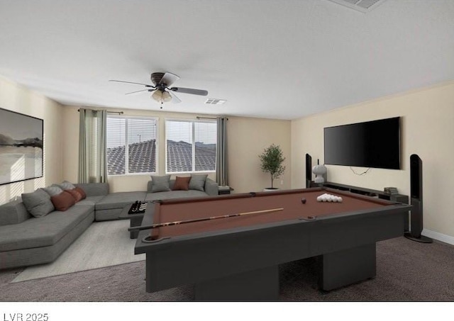 playroom with ceiling fan, pool table, carpet flooring, and baseboards