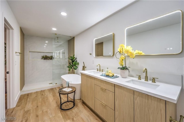 bathroom featuring plus walk in shower, vanity, and hardwood / wood-style floors