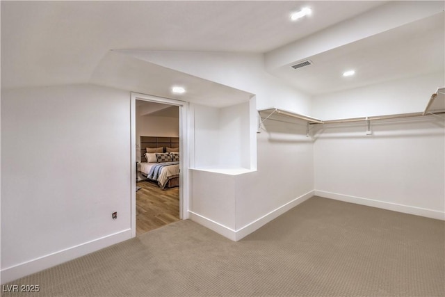 spacious closet featuring carpet floors and lofted ceiling