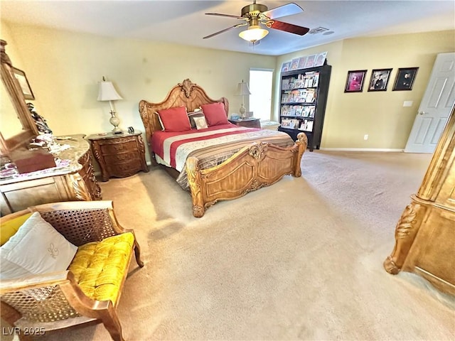 bedroom with carpet flooring, ceiling fan, visible vents, and baseboards