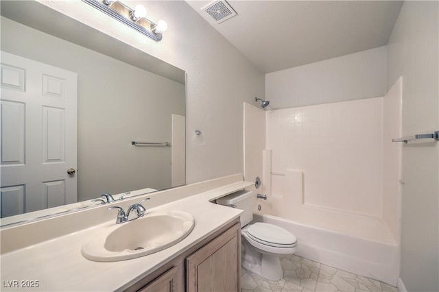 bathroom featuring toilet, shower / bathtub combination, visible vents, and vanity