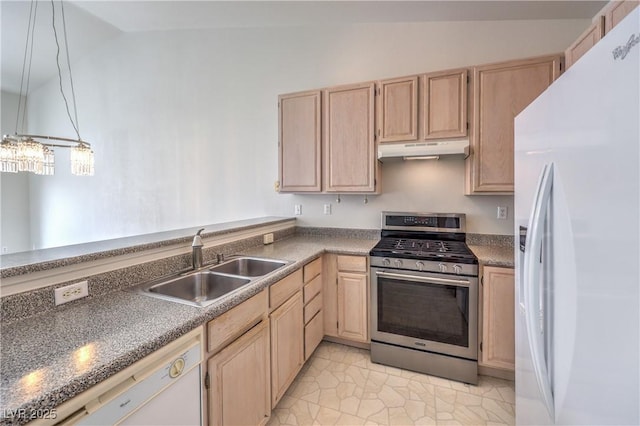 kitchen with light brown cabinetry, white appliances, a sink, and under cabinet range hood