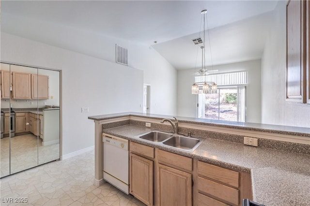 kitchen with dishwasher, a sink, visible vents, and lofted ceiling