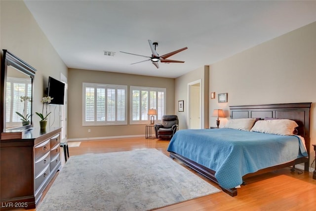 bedroom featuring light wood-type flooring, visible vents, baseboards, and multiple windows