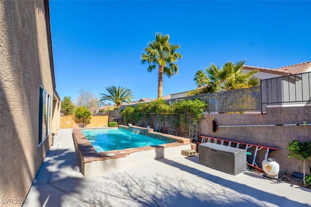 view of pool featuring a fenced in pool, a fenced backyard, and a patio