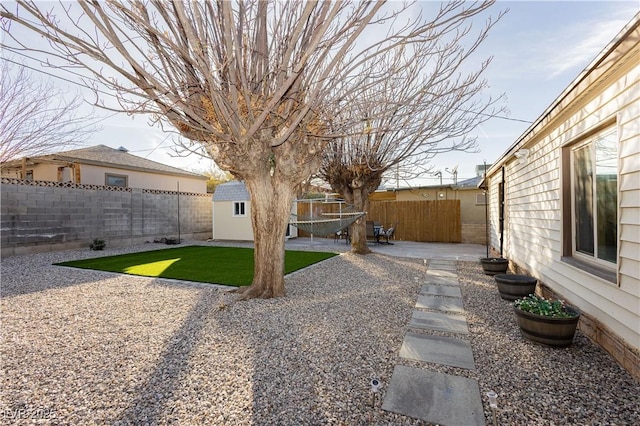 view of yard with a shed and a patio