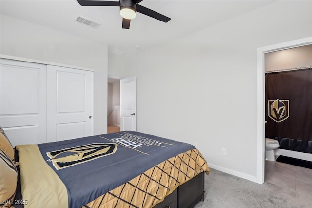 9690 Hiking Ave, Las Vegas, NV 89166 - bedroom with ceiling fan, light colored carpet, visible vents, baseboards, and a closet