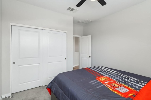 9690 Hiking Ave, Las Vegas, NV 89166 - carpeted bedroom featuring a ceiling fan, visible vents, and a closet