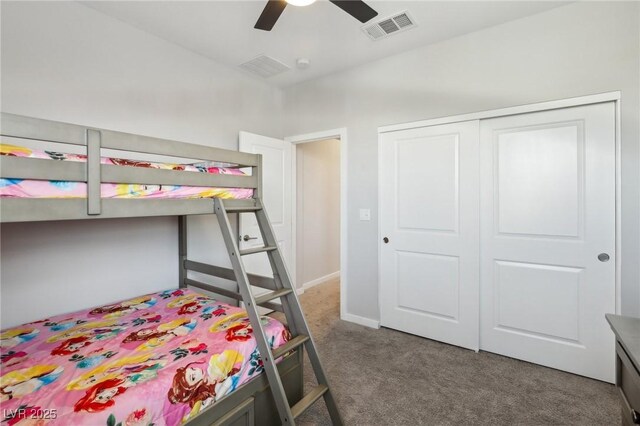 9690 Hiking Ave, Las Vegas, NV 89166 - carpeted bedroom featuring ceiling fan, a closet, visible vents, and baseboards