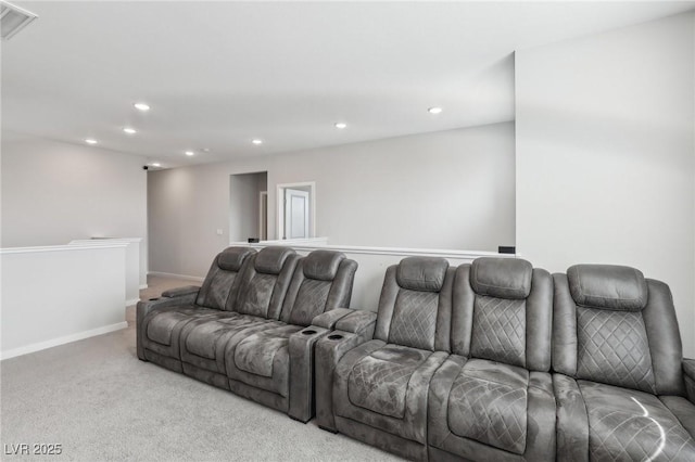 9690 Hiking Ave, Las Vegas, NV 89166 - home theater room with baseboards, recessed lighting, visible vents, and light colored carpet