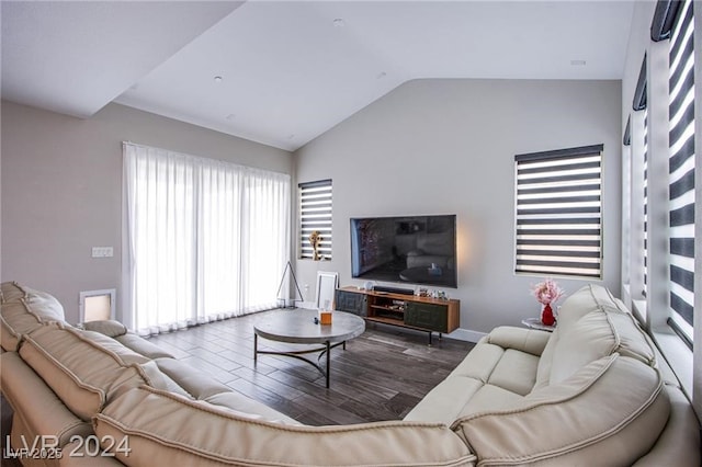 living room with lofted ceiling and dark hardwood / wood-style flooring