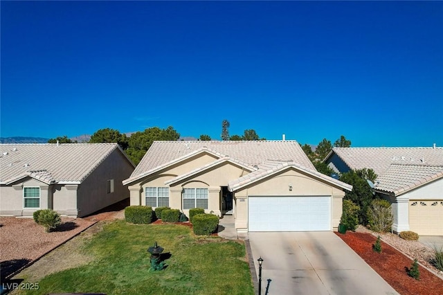 single story home featuring a tile roof, stucco siding, concrete driveway, an attached garage, and a front yard