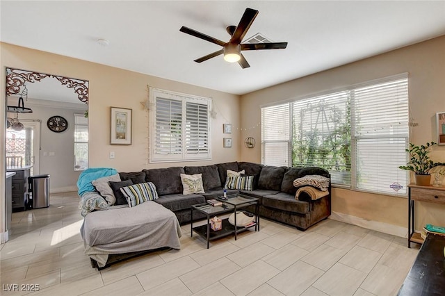 living room with ceiling fan