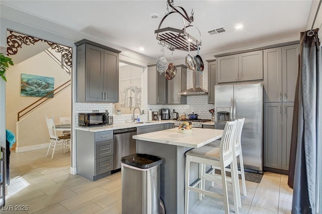 kitchen with sink, backsplash, a kitchen island, stainless steel appliances, and wall chimney exhaust hood