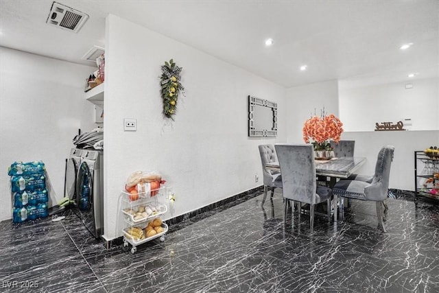 dining area with baseboards, marble finish floor, visible vents, and recessed lighting