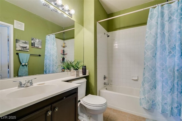 full bath featuring toilet, visible vents, vanity, tile patterned floors, and shower / bath combo with shower curtain