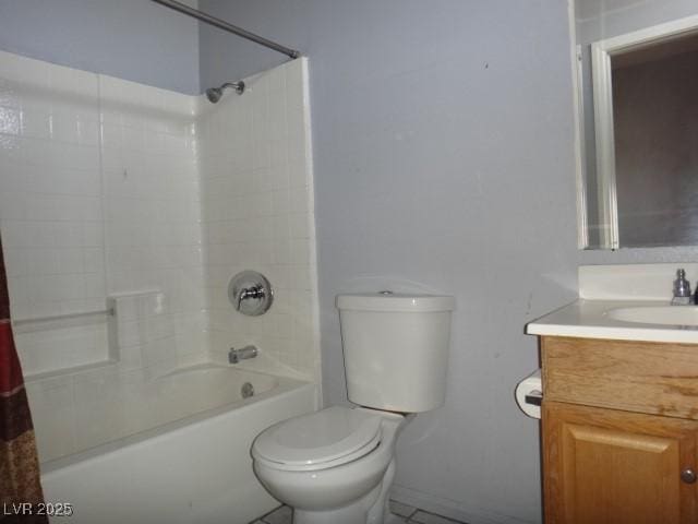 full bath with shower / bathtub combination with curtain, vanity, and toilet