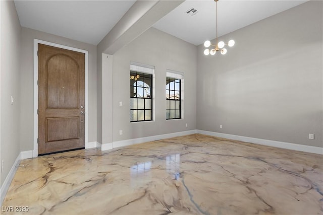 foyer with marble finish floor, visible vents, baseboards, and a notable chandelier