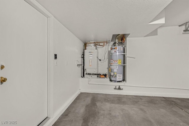 interior space featuring heating unit, a textured ceiling, and secured water heater