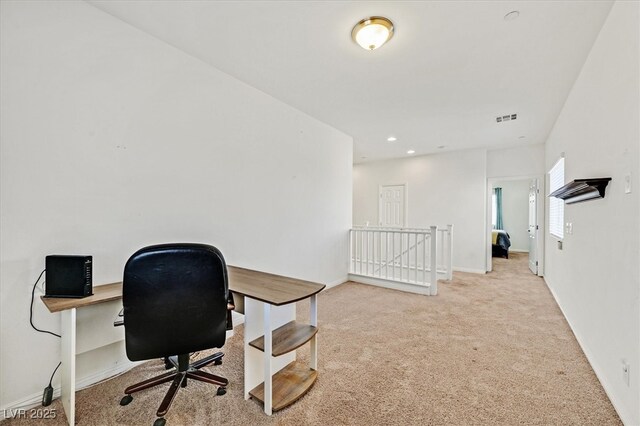 home office with carpet floors, recessed lighting, visible vents, and baseboards