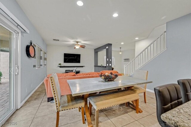 dining area featuring light tile patterned floors, recessed lighting, visible vents, ceiling fan, and baseboards