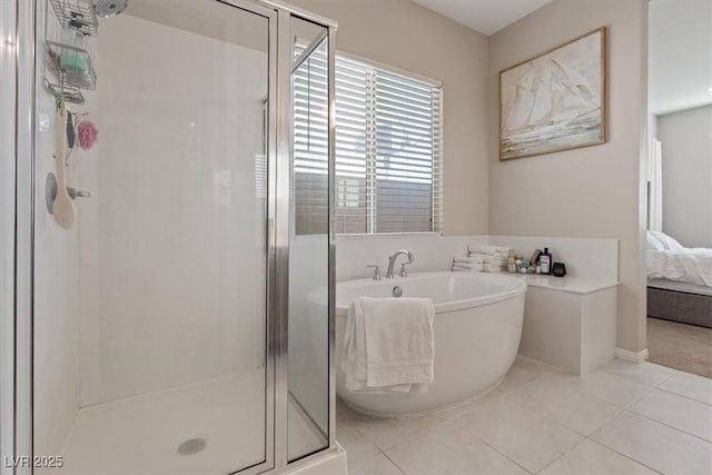 bathroom with tile patterned floors and plus walk in shower