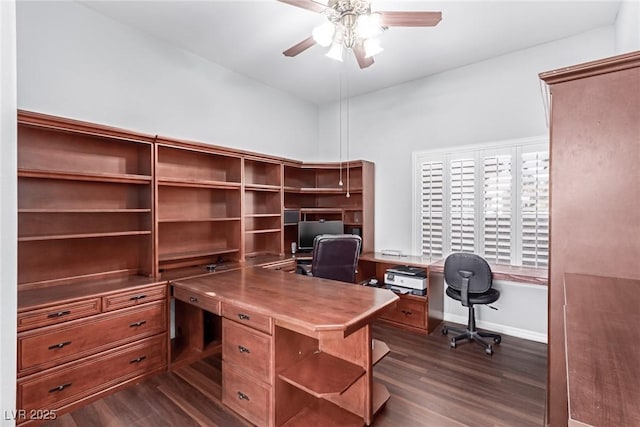 home office featuring ceiling fan, dark wood finished floors, and baseboards