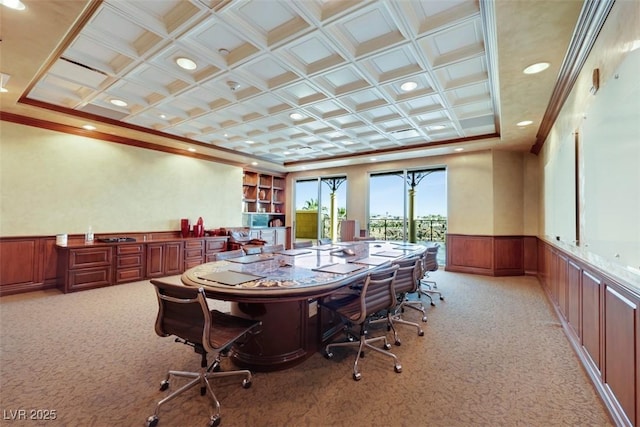 9103 Alta Dr Unit 404, Las Vegas, NV 89145 - interior space with light colored carpet, ornamental molding, a wainscoted wall, and coffered ceiling