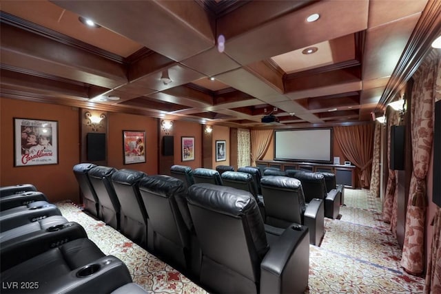 9103 Alta Dr Unit 404, Las Vegas, NV 89145 - carpeted cinema with coffered ceiling, crown molding, and beamed ceiling