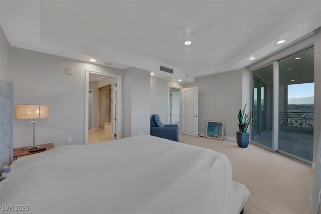 9103 Alta Dr Unit 404, Las Vegas, NV 89145 - bedroom featuring visible vents, baseboards, recessed lighting, access to exterior, and light carpet