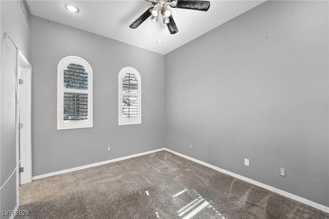 spare room with carpet floors, recessed lighting, ceiling fan, and baseboards