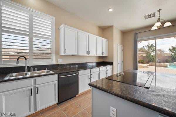 kitchen featuring dishwashing machine, black electric stovetop, a sink, visible vents, and white cabinetry