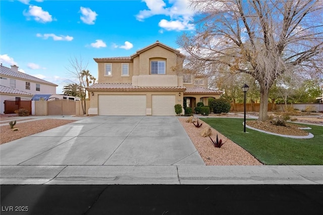 mediterranean / spanish-style house with a front yard and a garage