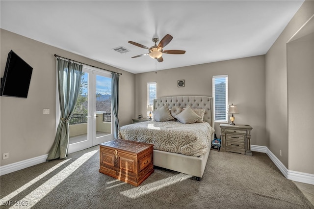 bedroom with a ceiling fan, baseboards, visible vents, access to exterior, and french doors