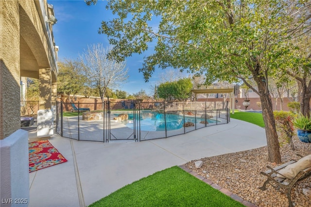 view of swimming pool with a fenced in pool, a patio area, a gate, and a fenced backyard