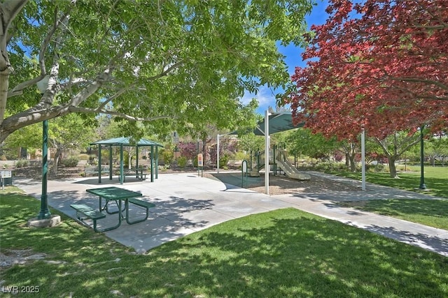 surrounding community with a playground, a yard, and a gazebo