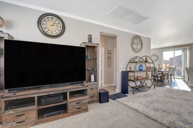 living room with light colored carpet and ornamental molding