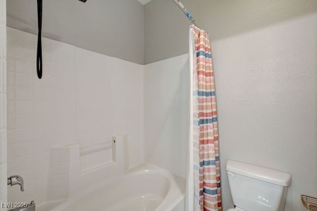 bathroom with toilet and shower / bathtub combination with curtain