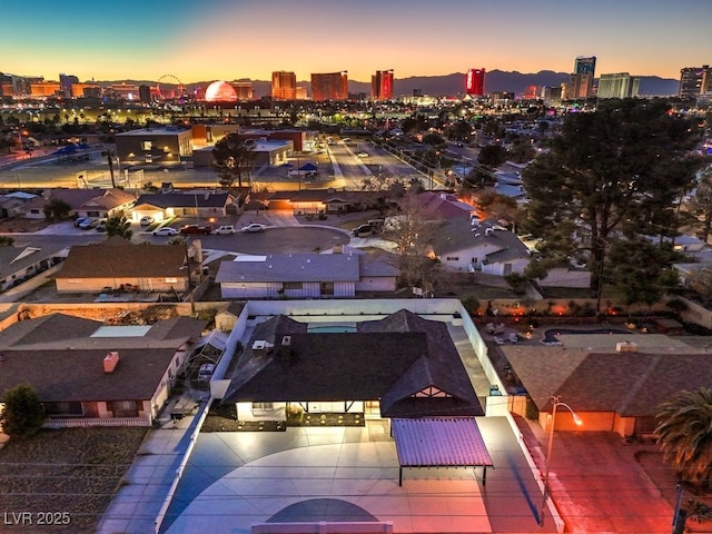 view of aerial view at dusk