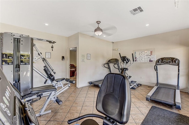 workout area with light tile patterned flooring and ceiling fan