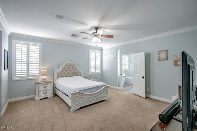 bedroom featuring ornamental molding, ceiling fan, light carpet, and ensuite bath