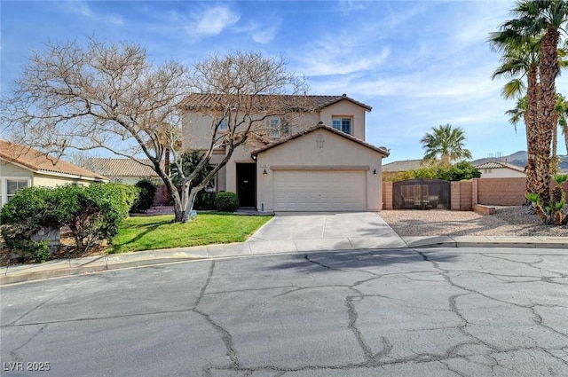 view of front of home with a garage, a tile roof, fence, driveway, and stucco siding