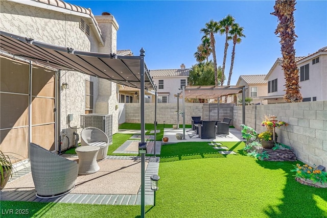 view of yard with a fenced backyard, a residential view, a pergola, and a patio