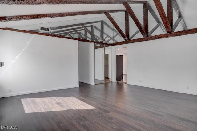 interior space featuring dark wood-style floors, high vaulted ceiling, beam ceiling, and visible vents