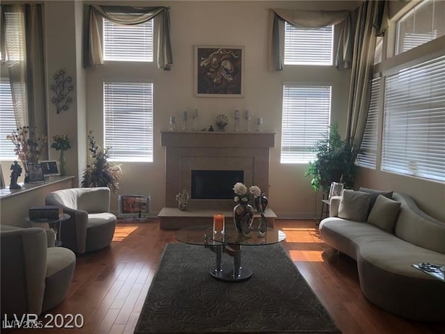 living area featuring a fireplace with raised hearth, plenty of natural light, and wood finished floors