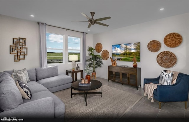 living room featuring tile patterned flooring, a ceiling fan, and recessed lighting