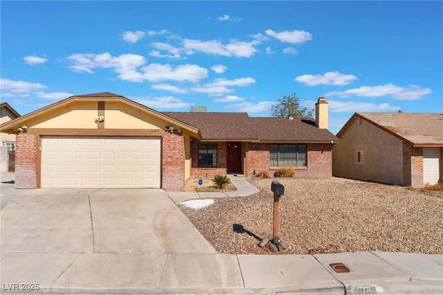 ranch-style home with driveway, a garage, and brick siding