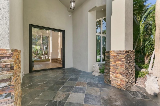 view of exterior entry featuring stone siding, a patio area, and stucco siding