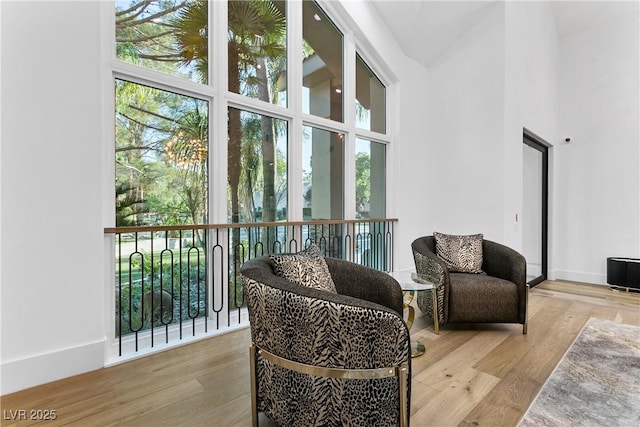 living area featuring baseboards, a high ceiling, and wood finished floors